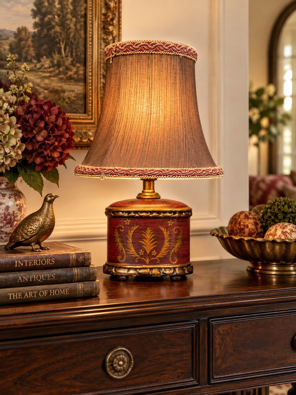 Red Gold Ceramic Accent Lamp Italianate Style Oval Shade 17 Inch